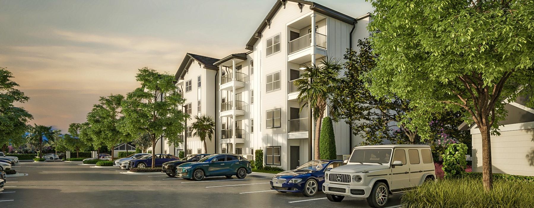 a street with cars parked on the side and trees on the side