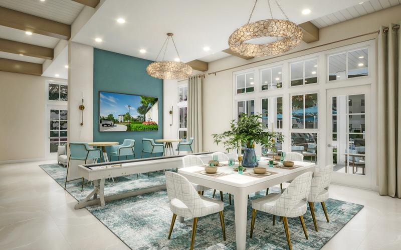 a room with a table and chairs