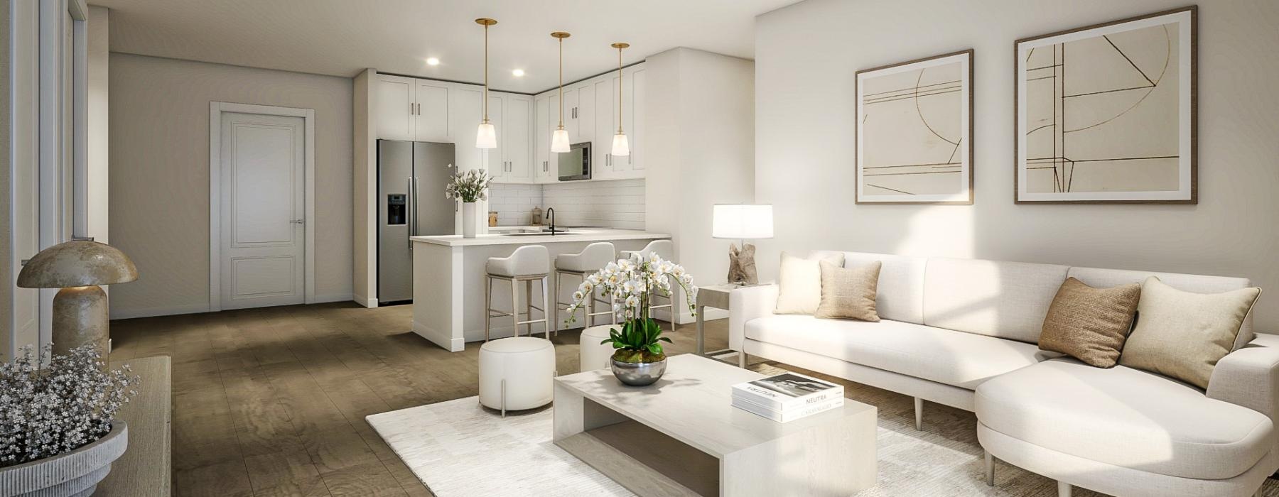 a living room with a white couch and a white table