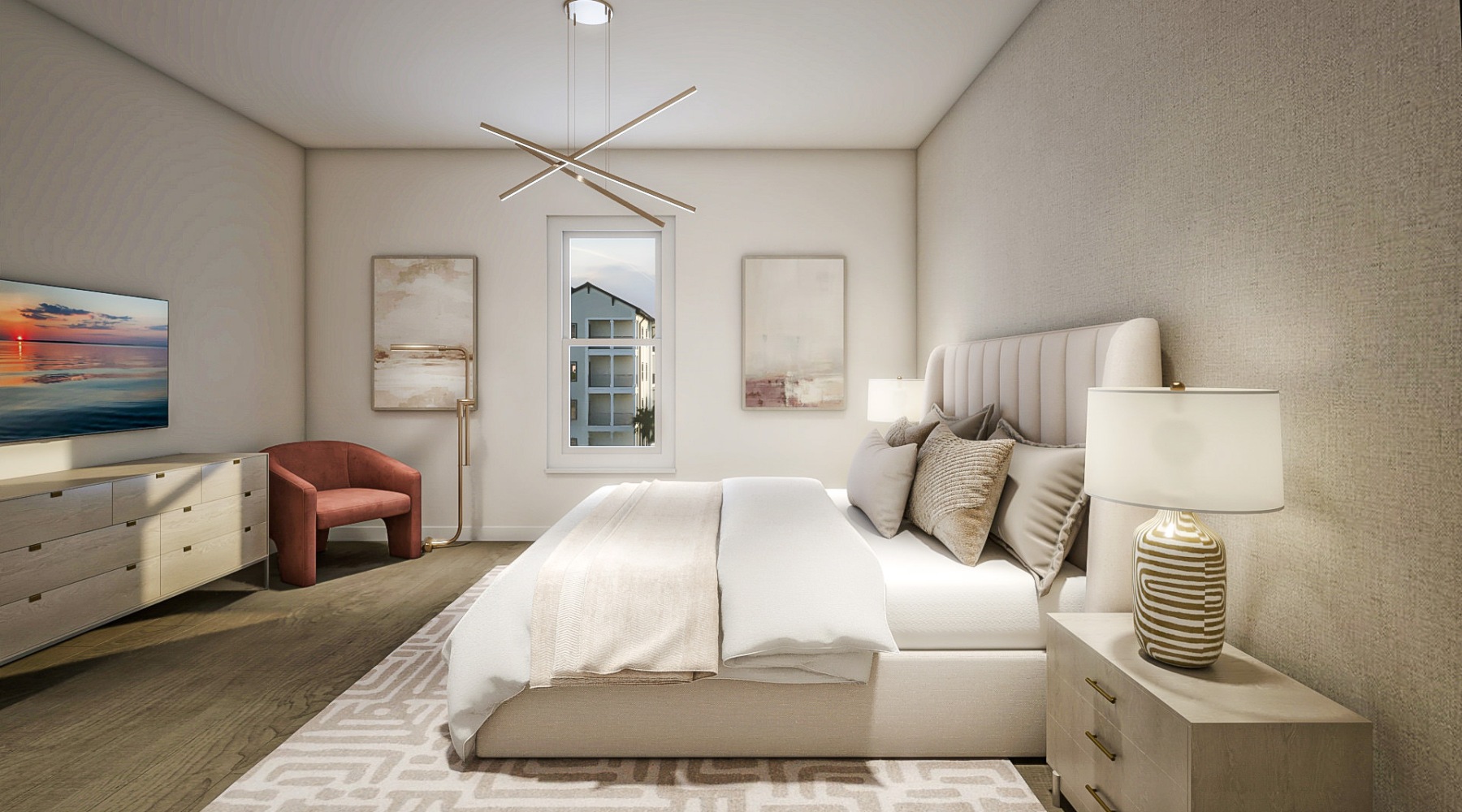 bedroom with bed tv lamp chair and window